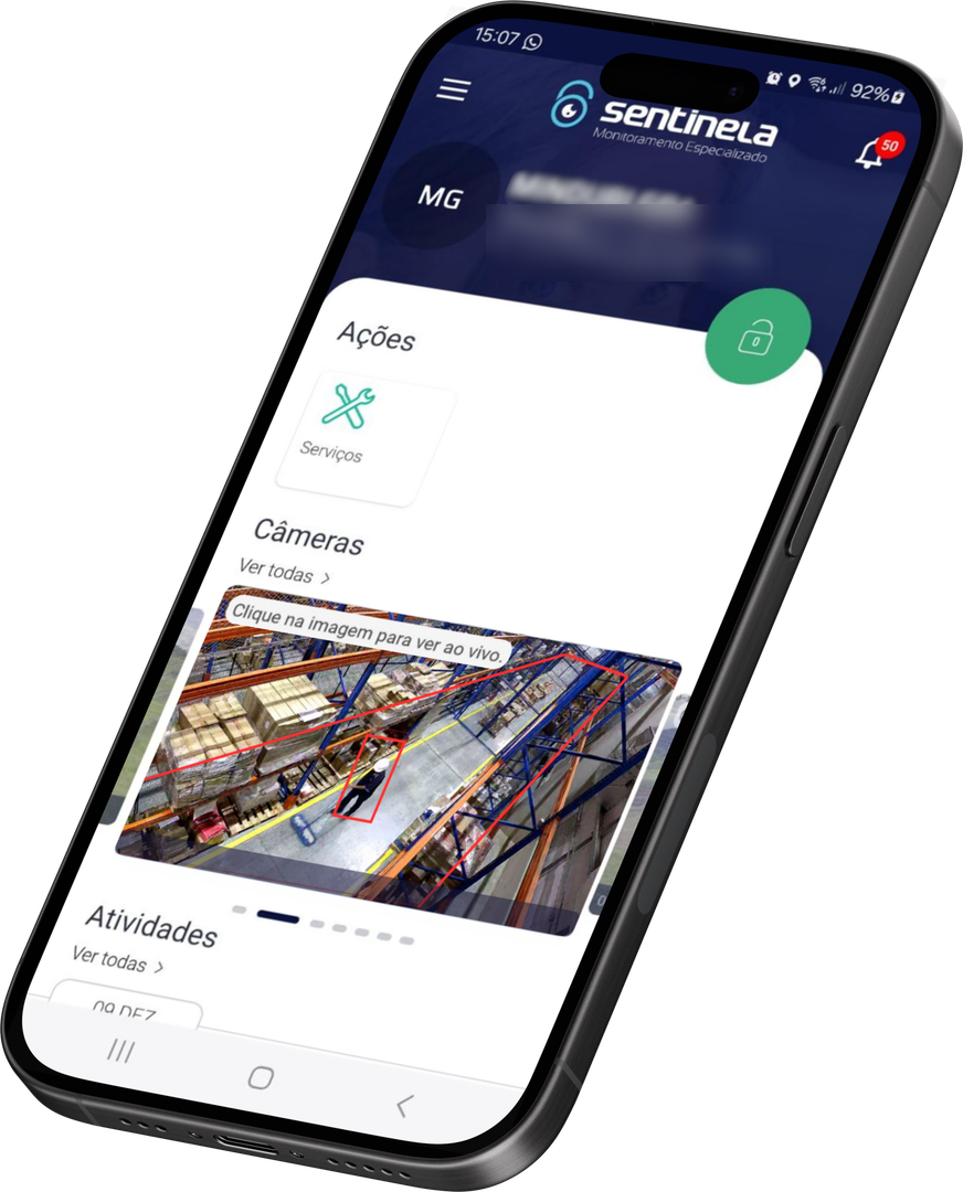Tela do app Sentinela com câmeras ao vivo e ações